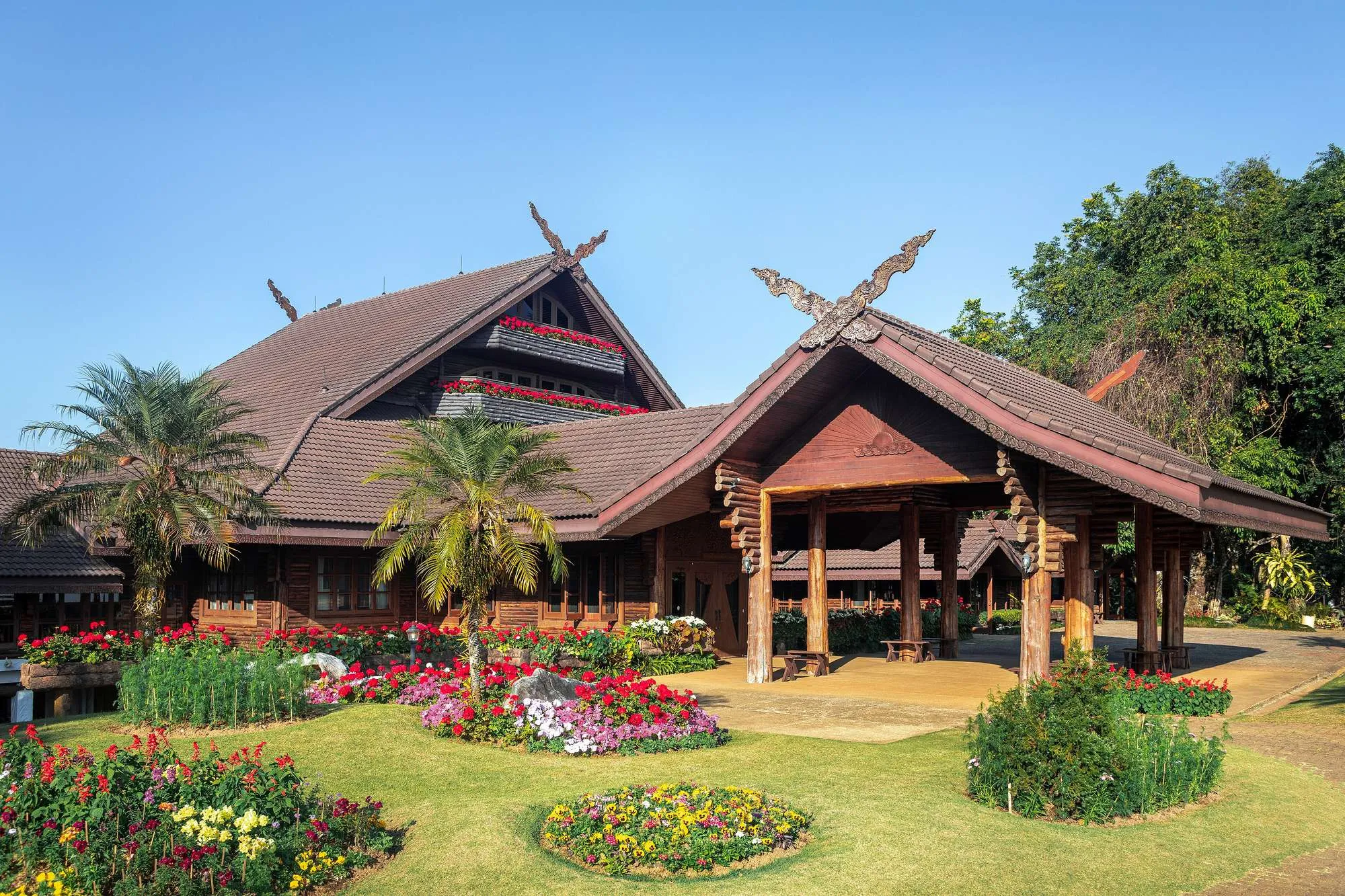 Flower gardens at Doi Tung with mountains behind