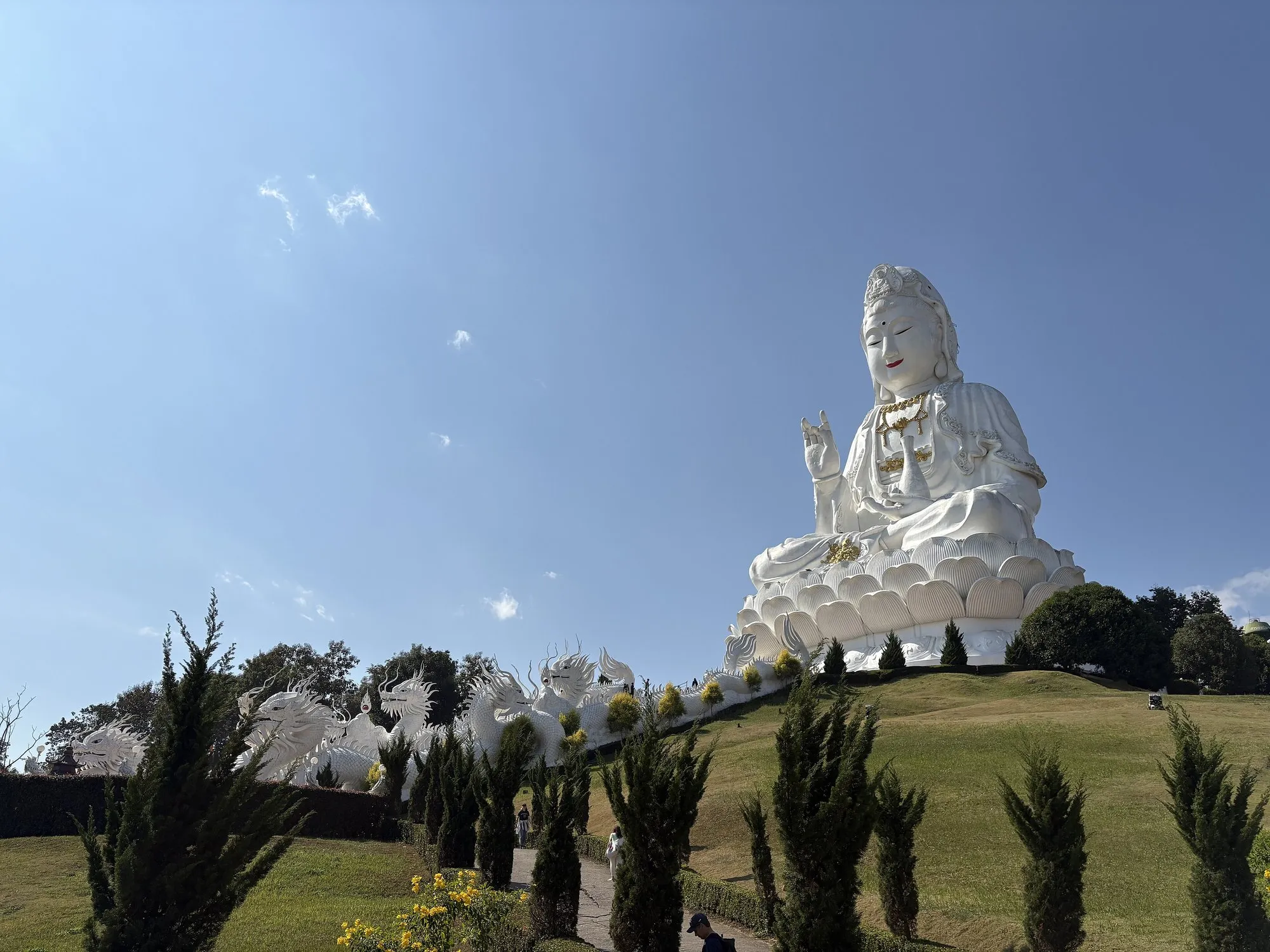 The towering white Guan Yin statue at Wat Huay Pla Kang
