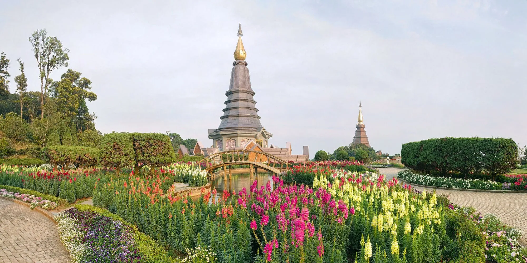 The King and Queen pagodas surrounded by flower gardens on Doi Inthanon